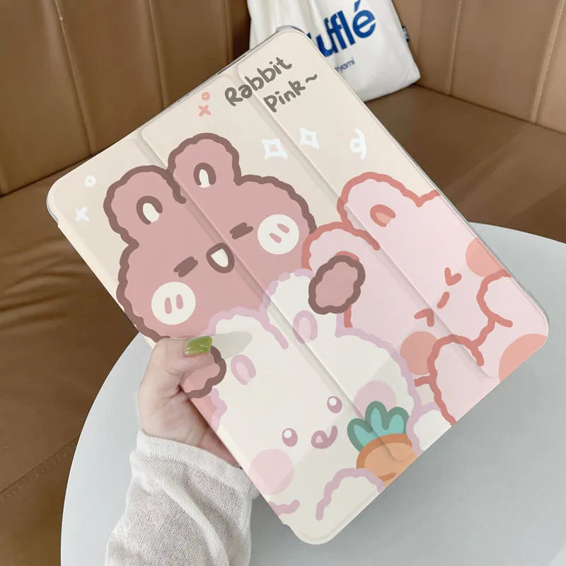Cartoon rabbit silicone tri-fold protective case for iPad on a table