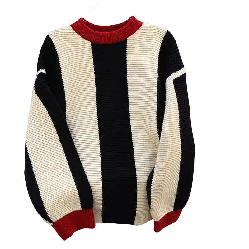 Women's striped cashmere wool pullover sweater with round neck and contrast colours