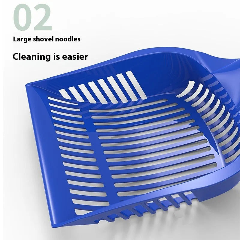 Plastic cat litter scoop in red, yellow and blue colours showing small and medium size options