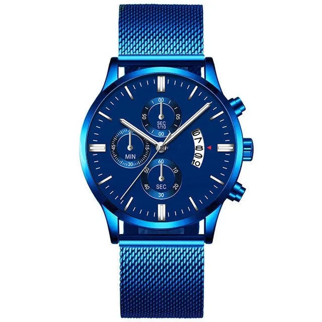 Men's stainless steel watch with mesh band and analog dial on wrist