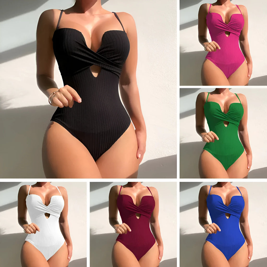 Women's solid colour one-piece swimsuit in polyester fabric available in white, burgundy and rose red