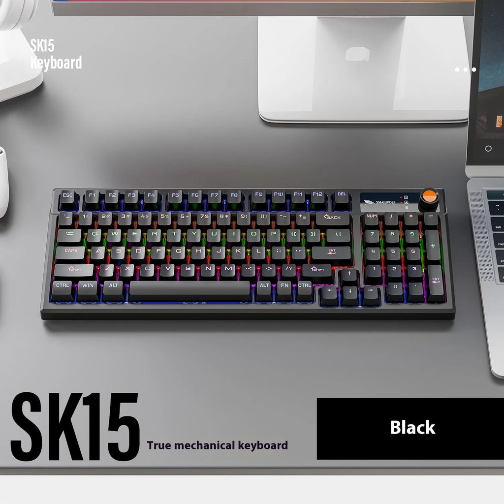 SK15 wired mechanical keyboard with USB cable in sunset orange, autumn water blue, or black colour options