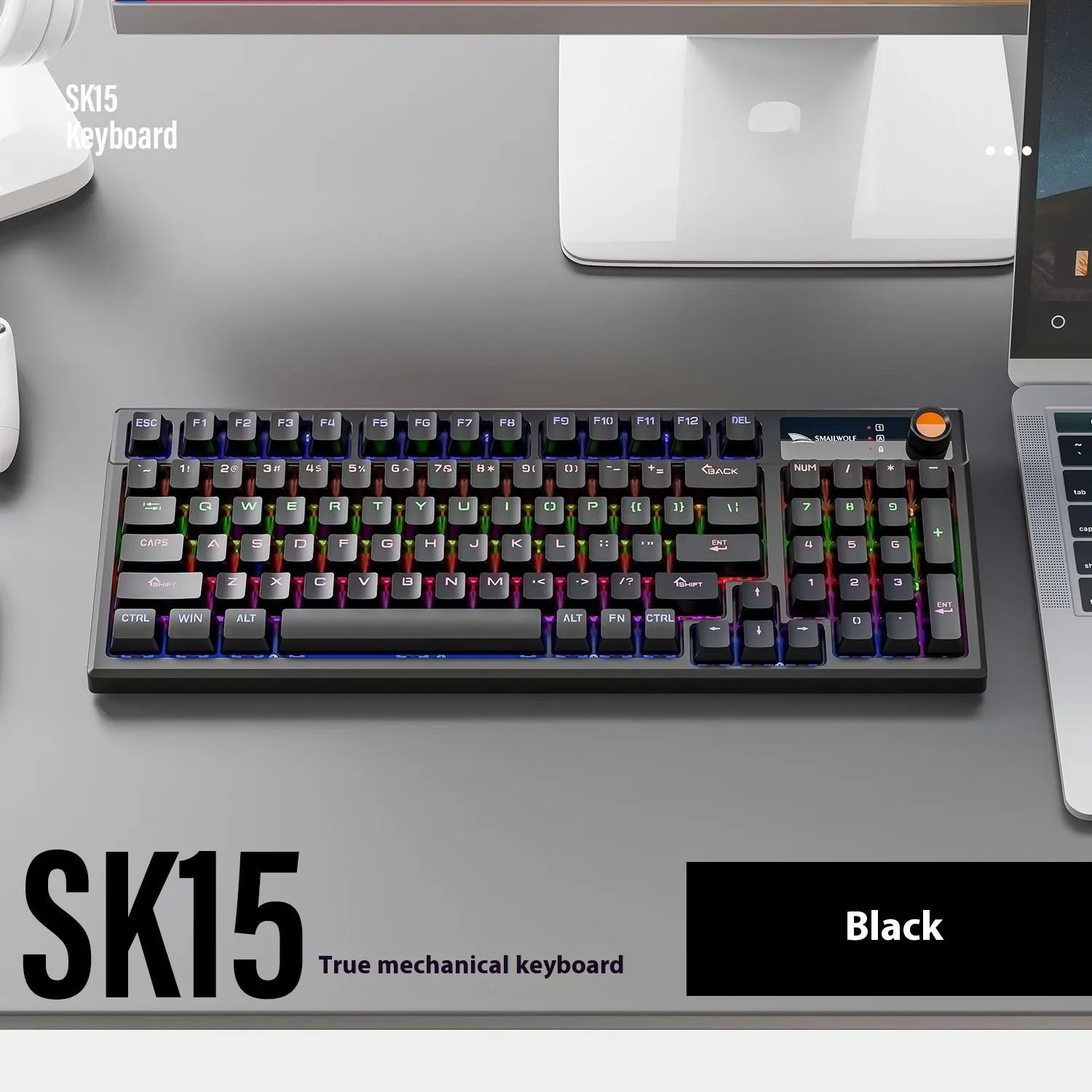 SK15 wired mechanical keyboard with USB cable in sunset orange, autumn water blue, or black colour options