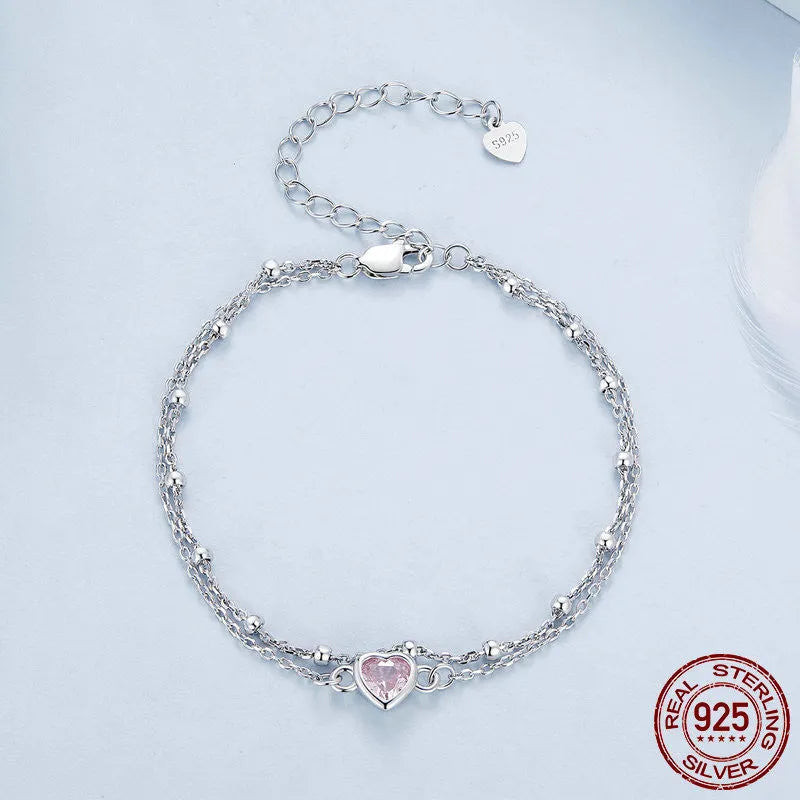 Sweet women's 925 sterling silver heart bracelet with 6mm pendant on an adjustable chain, colour BSB152.