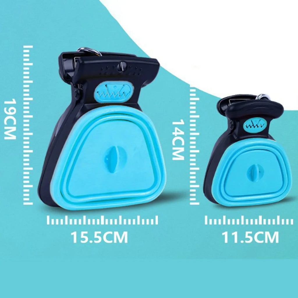 Portable handheld pooper scooper with integrated waste bag dispenser and carabiner clip attachment