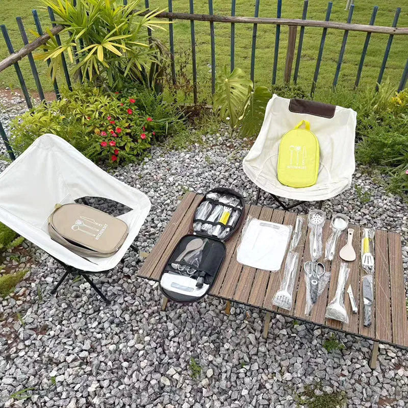 Portable picnic kitchenware storage bag containing 12 stainless steel utensils in khaki colour