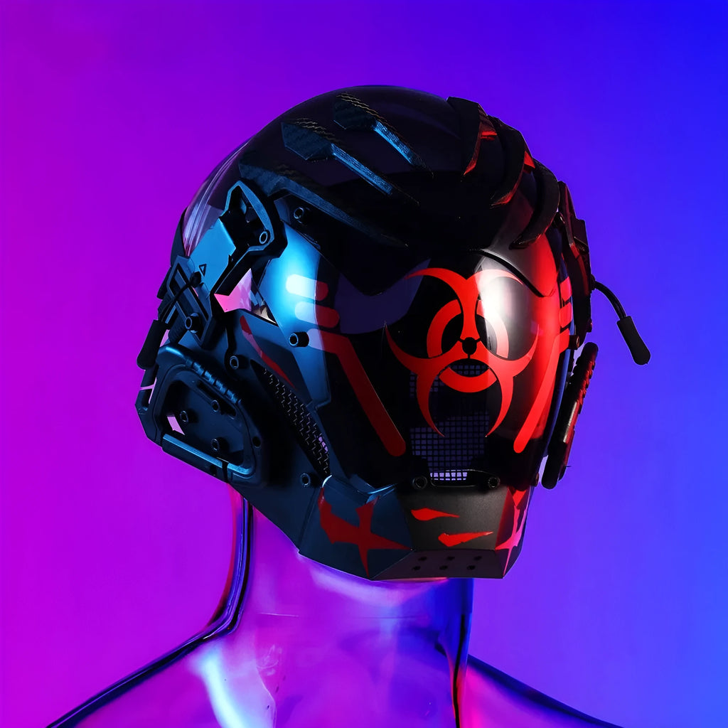 Black full-face cyberpunk costume prop mask with tech design on a mannequin head.