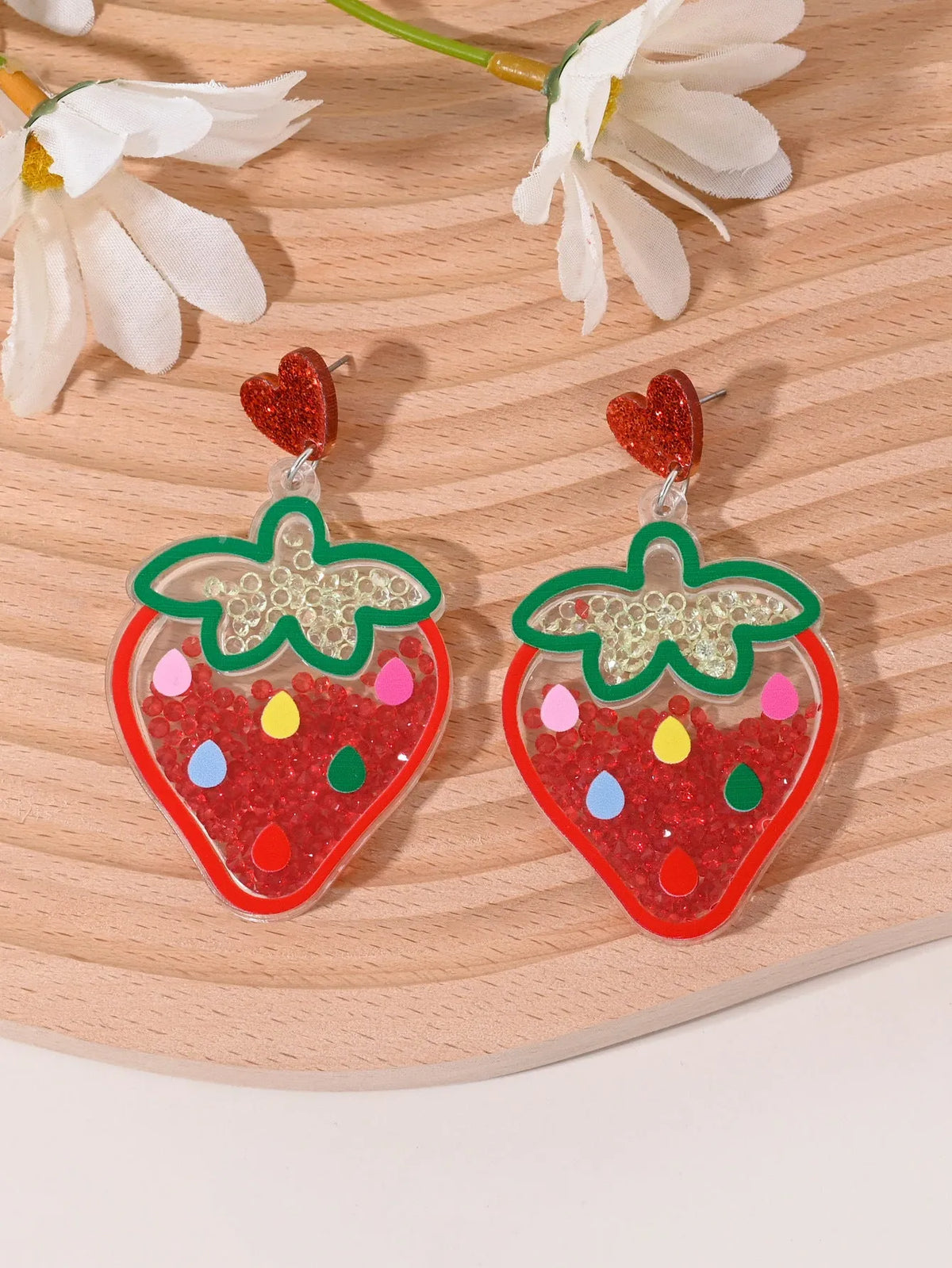 Acrylic women's earrings with fruit, cake, and ice cream designs in pastoral style.