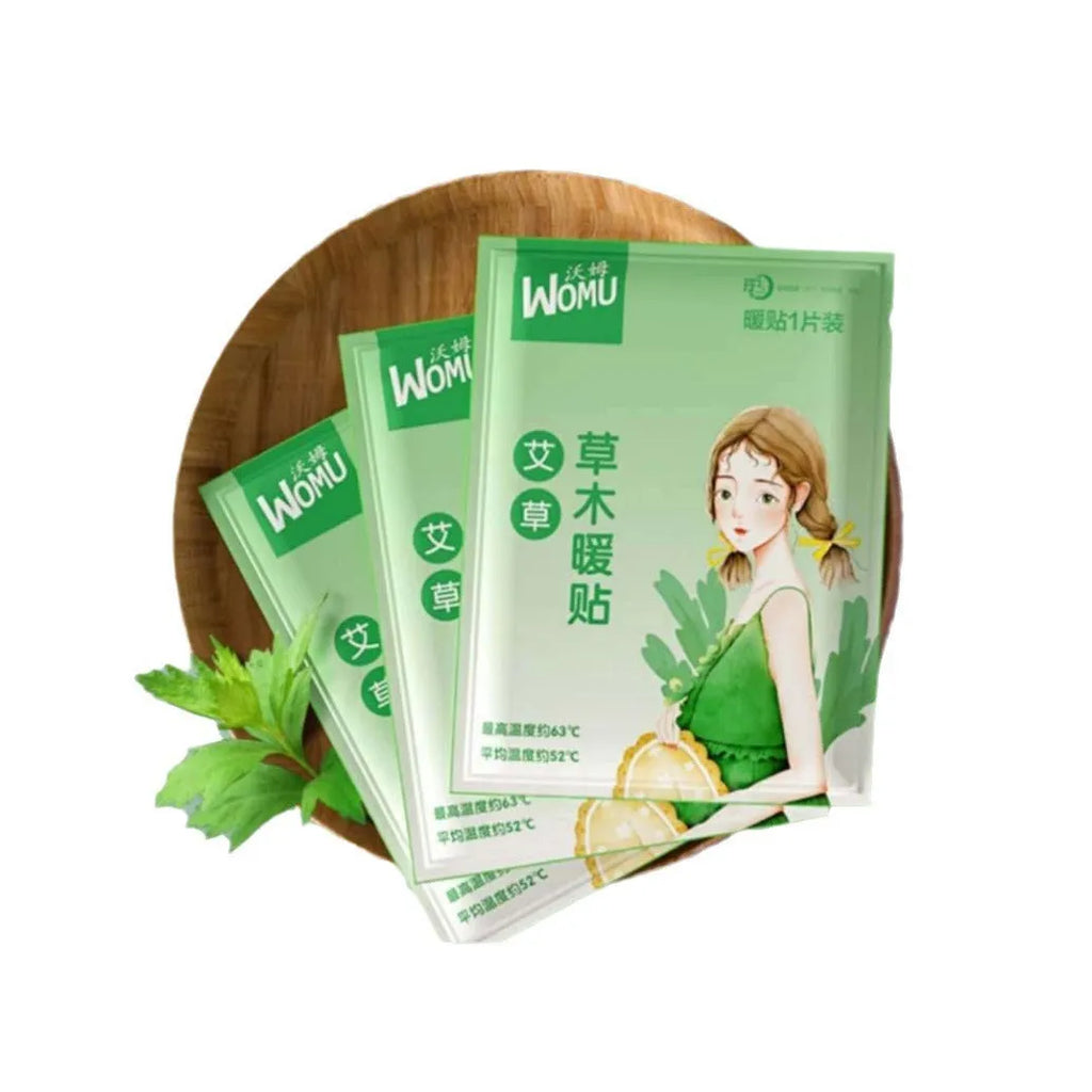 Self-heating uterus warming plaster in argy wormwood, ginger, motherwort, or sea salt variant.