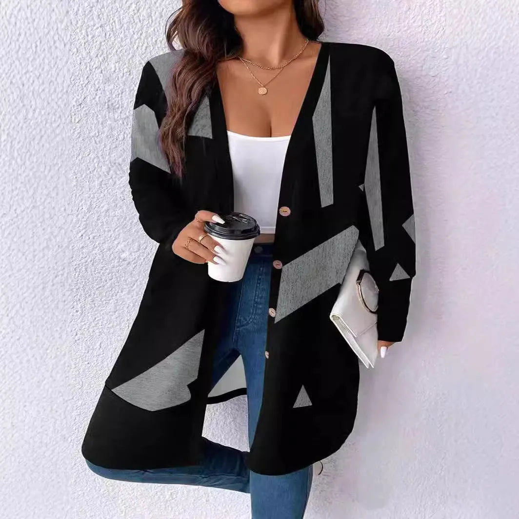 Black plus size knitwear cardigan with button stitching and printing design