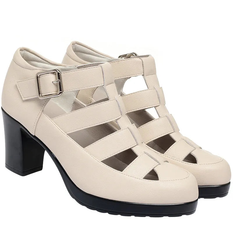 Women's closed toe sandals with chunky heel and woven ankle-strap with buckle closure