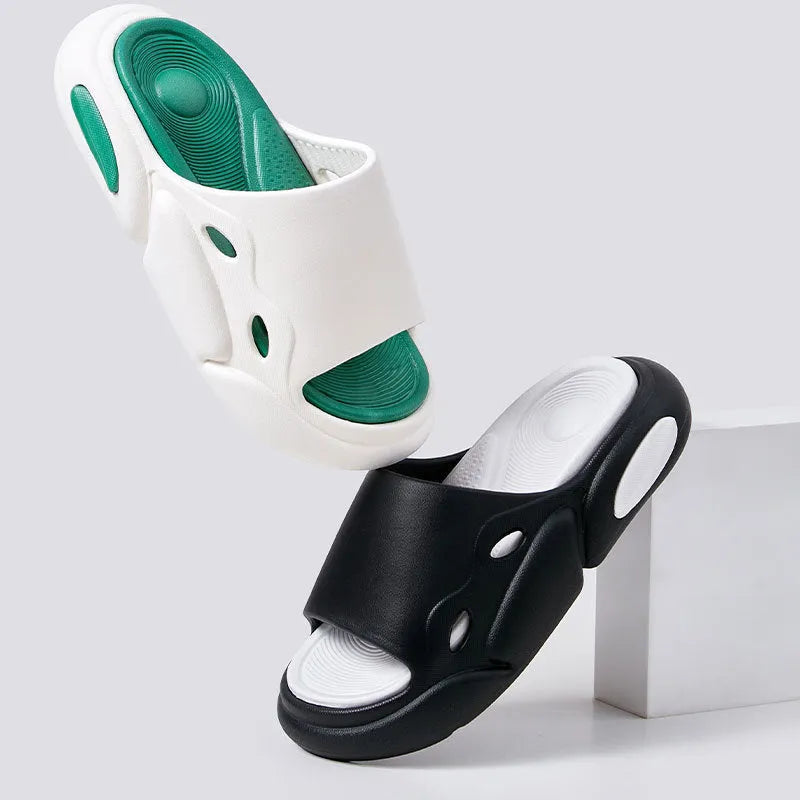 Women's and men's two-colour thick-soled EVA slippers with leather lining in pink purple, white green, or black white colour options.