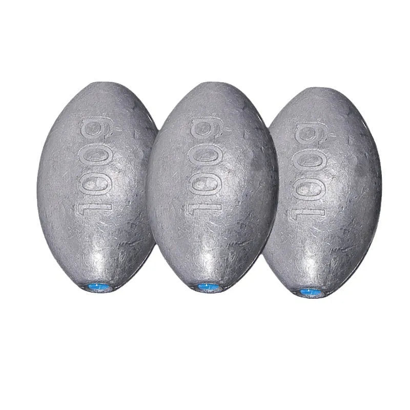 Rugby-shaped olive green lead fishing sinker with plastic core, shown with weight options from 10g to 150g.