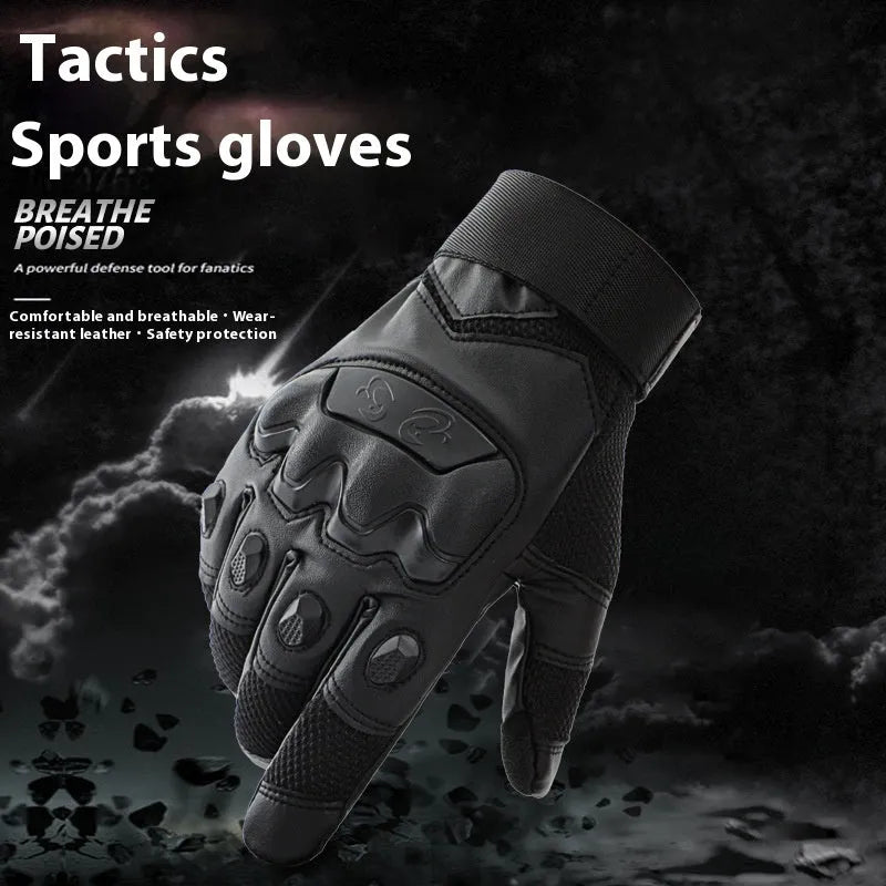 Men's black full finger tactical gloves laid flat, showing touch screen compatible fingertips.