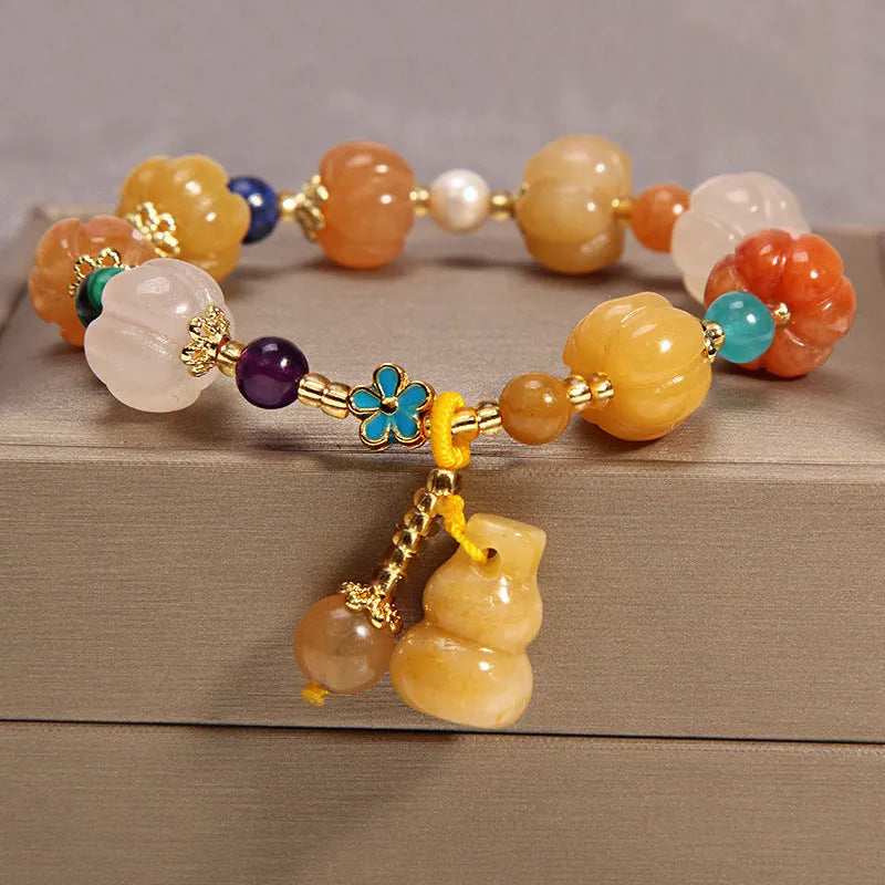 Yellow agate crystal bracelet with gold silk thread in khaki colour, Japanese Korean style women's jewellery