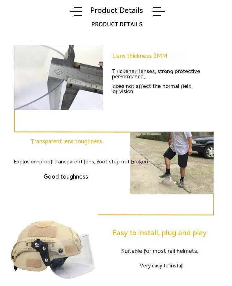 Transparent polycarbonate helmet face shield with semi-rimless frame measuring 30cm by 15cm