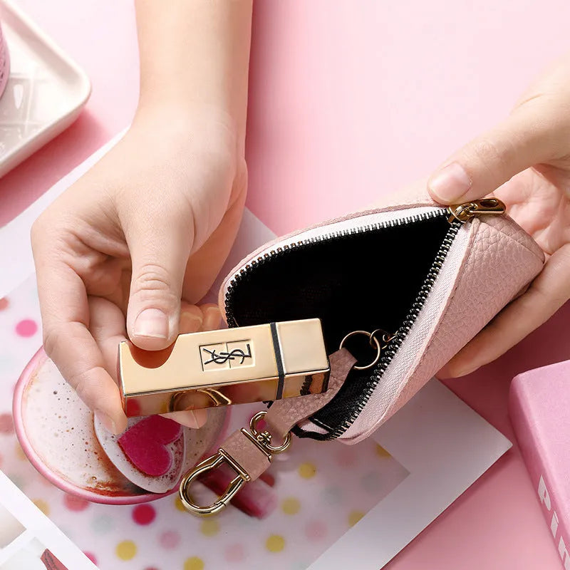Black PU zip key case for men and women, shown closed with a key ring attached.