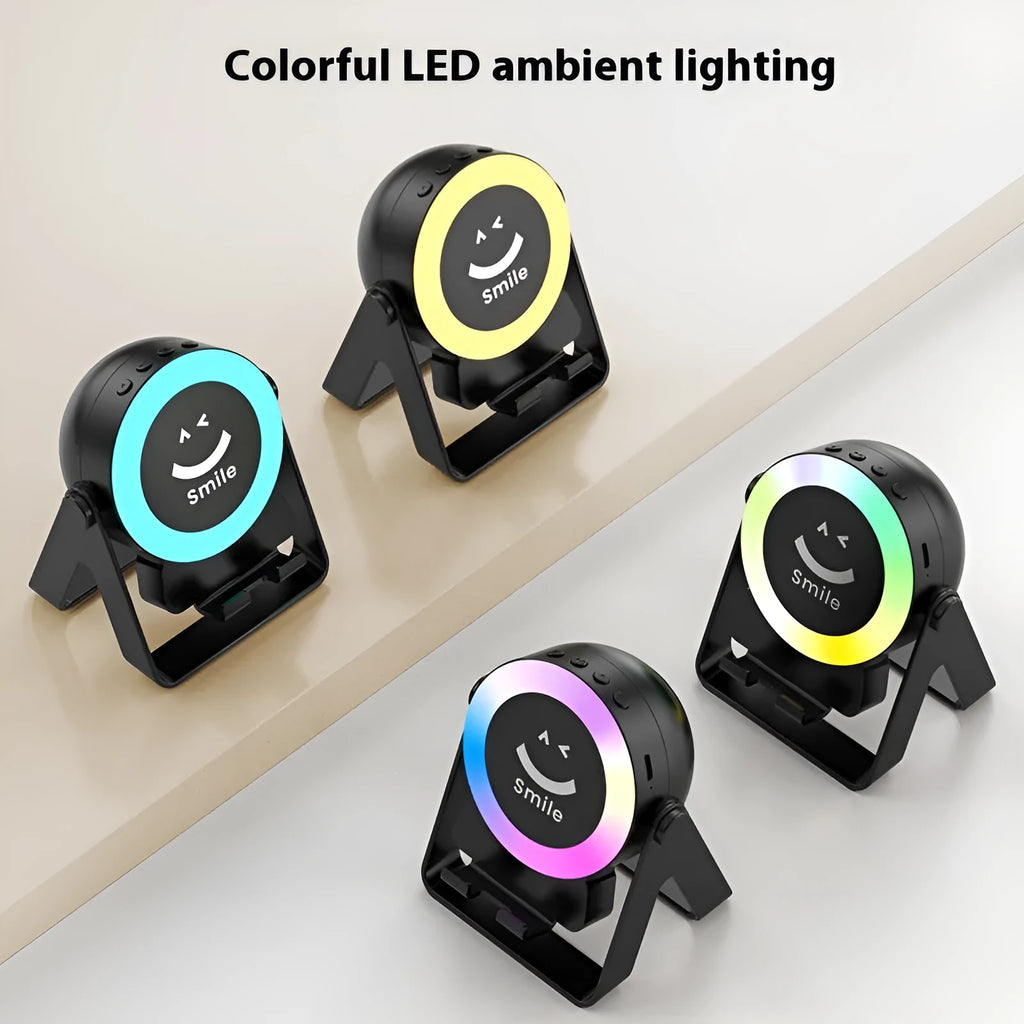 Black and white wireless Bluetooth speaker with induction charging bracket and colourful LED lighting effects