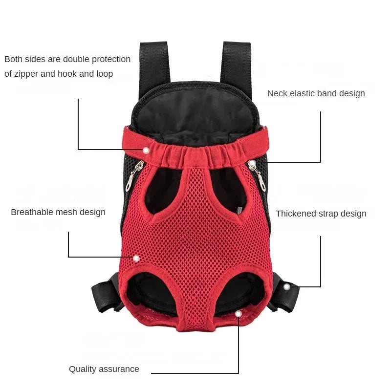 A person wearing a black nylon dog carrier backpack with a small dog looking out from the open top.
