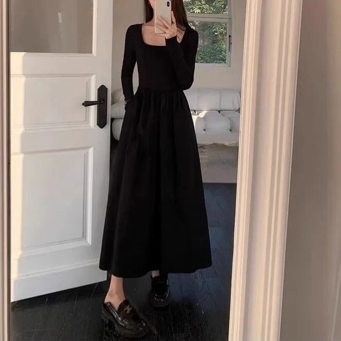 Women's square collar knitted dress with long sleeves, elastic waist, and A-line long skirt in grey.
