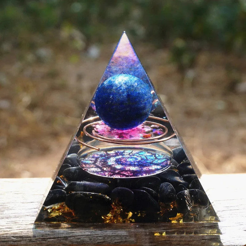 6cm crystal epoxy resin pyramid ornament with gravel inclusions in lapis lazuli colour