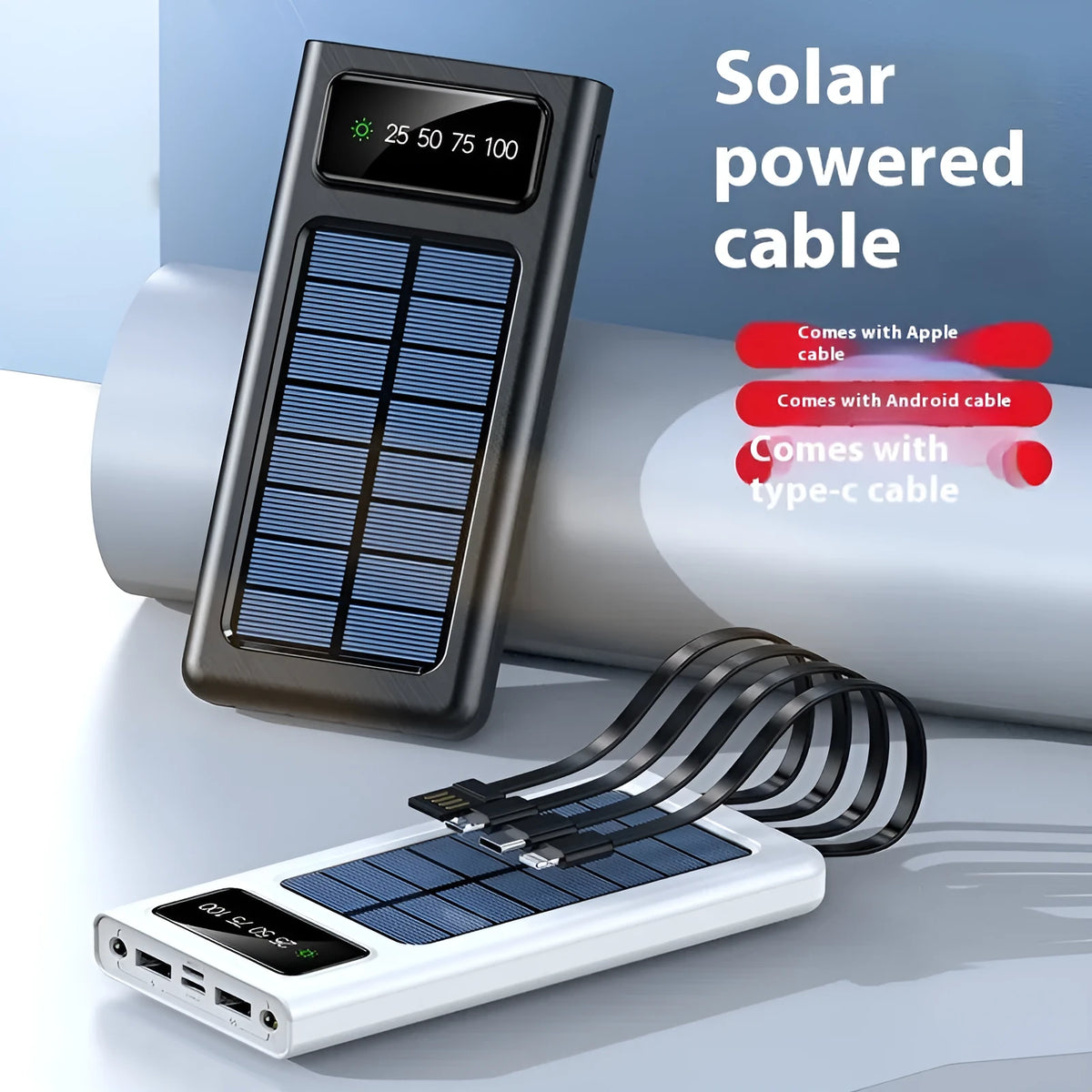 Solar power bank with 20000mAh capacity and integrated charging cables in black or white plastic case