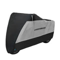 Motorcycle rain cover in black colour showing anti-theft features and weather-resistant polyester construction