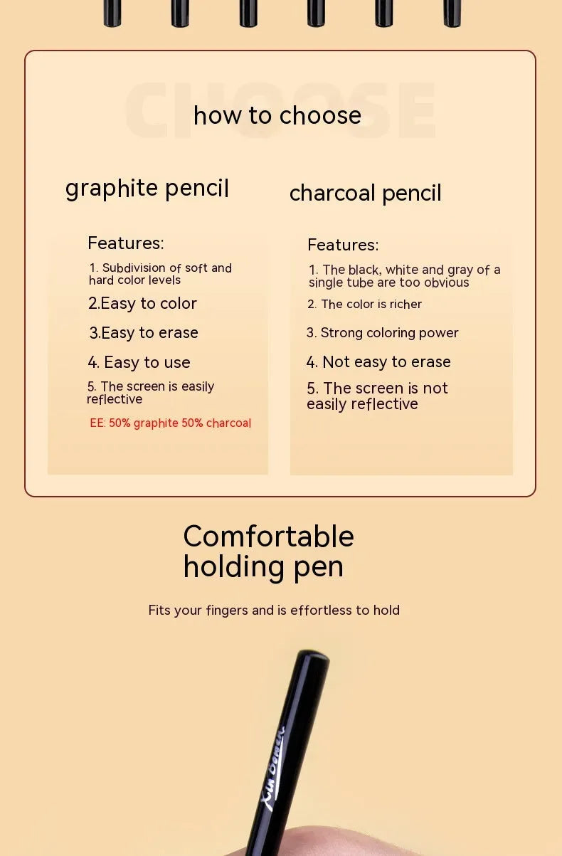 Six graphite sketching pencils with HB, 2B, 4B, 6B, 8B, and EE grades arranged in art set