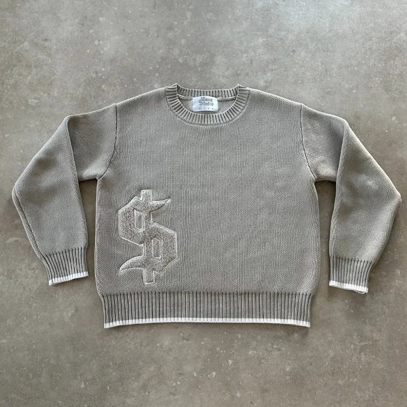 Grey loose-fitting jacquard knitwear coat with long sleeves for autumn winter