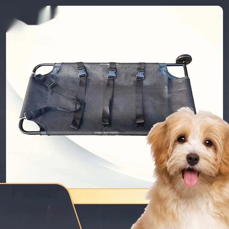Large black aluminium alloy pet stretcher in folded configuration for emergency dog transport