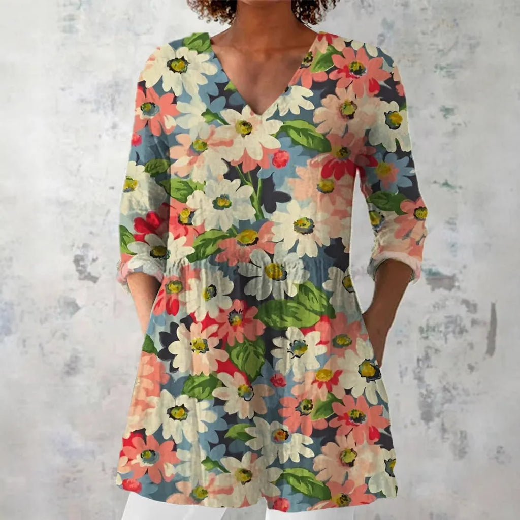 Women's retro slim fit printed long-sleeved polyester top on a hanger, showing digital print detail.