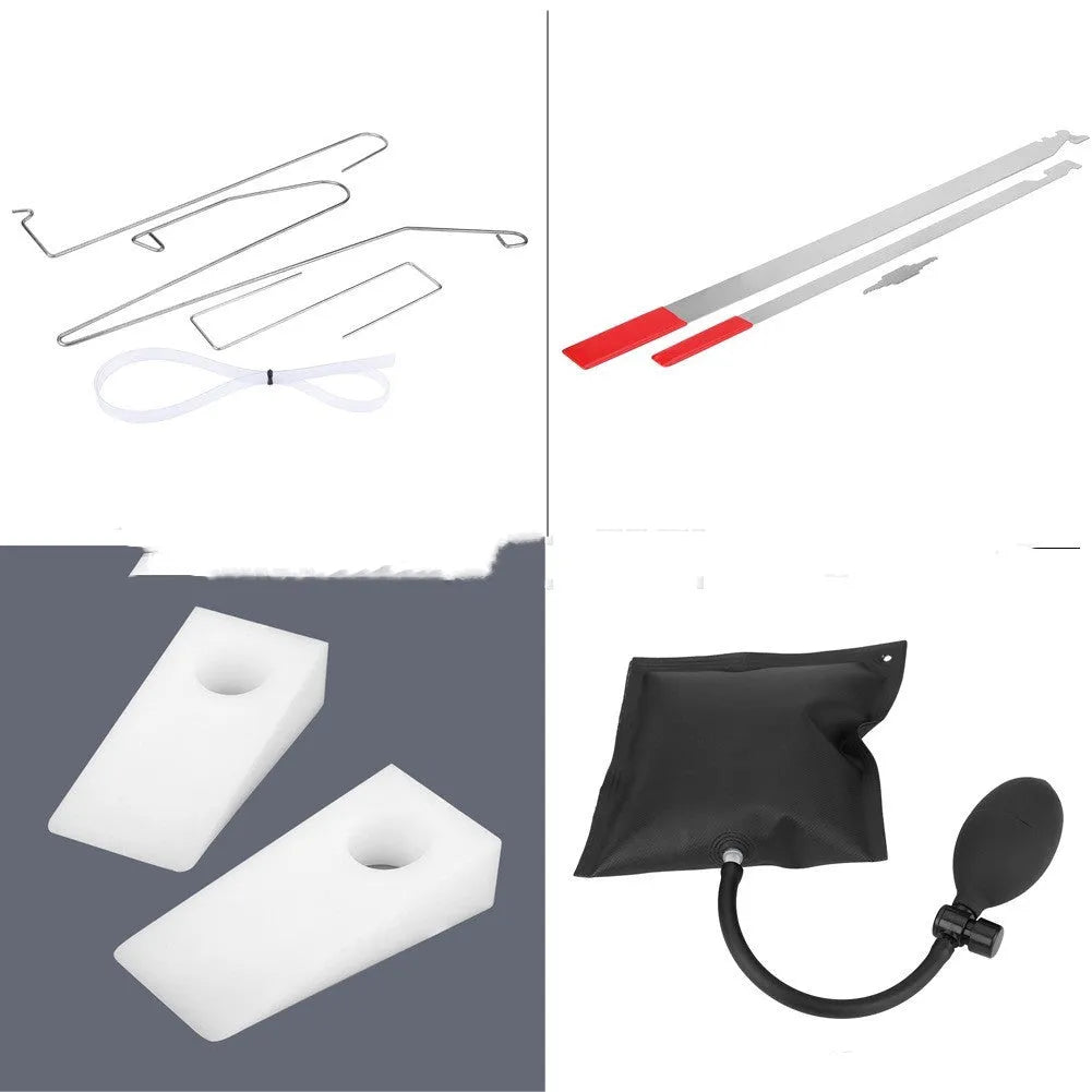 9-piece automotive maintenance tool set with air pump wedge, plastic wedges, hooks, and crowbar tools