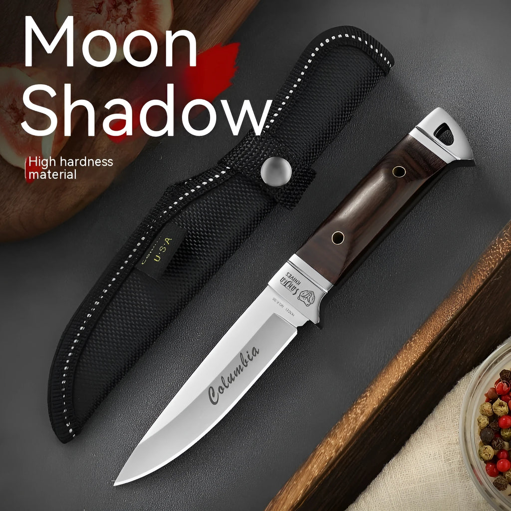 Camping multifunctional portable fruit knife with leather sheath case showing stainless steel blade and national style design