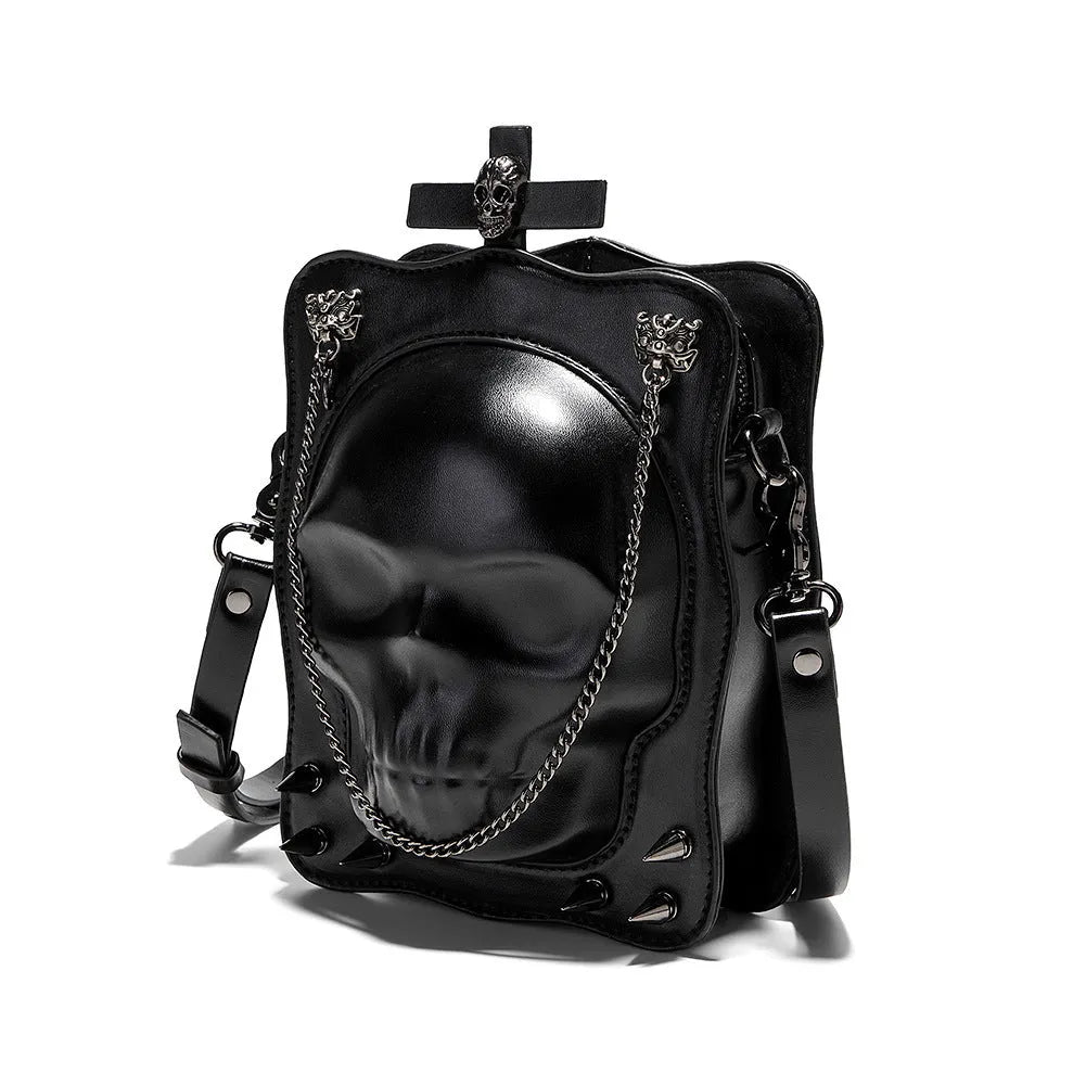 Black Halloween skull mini messenger bag with stitching, rivets, and detachable shoulder chain