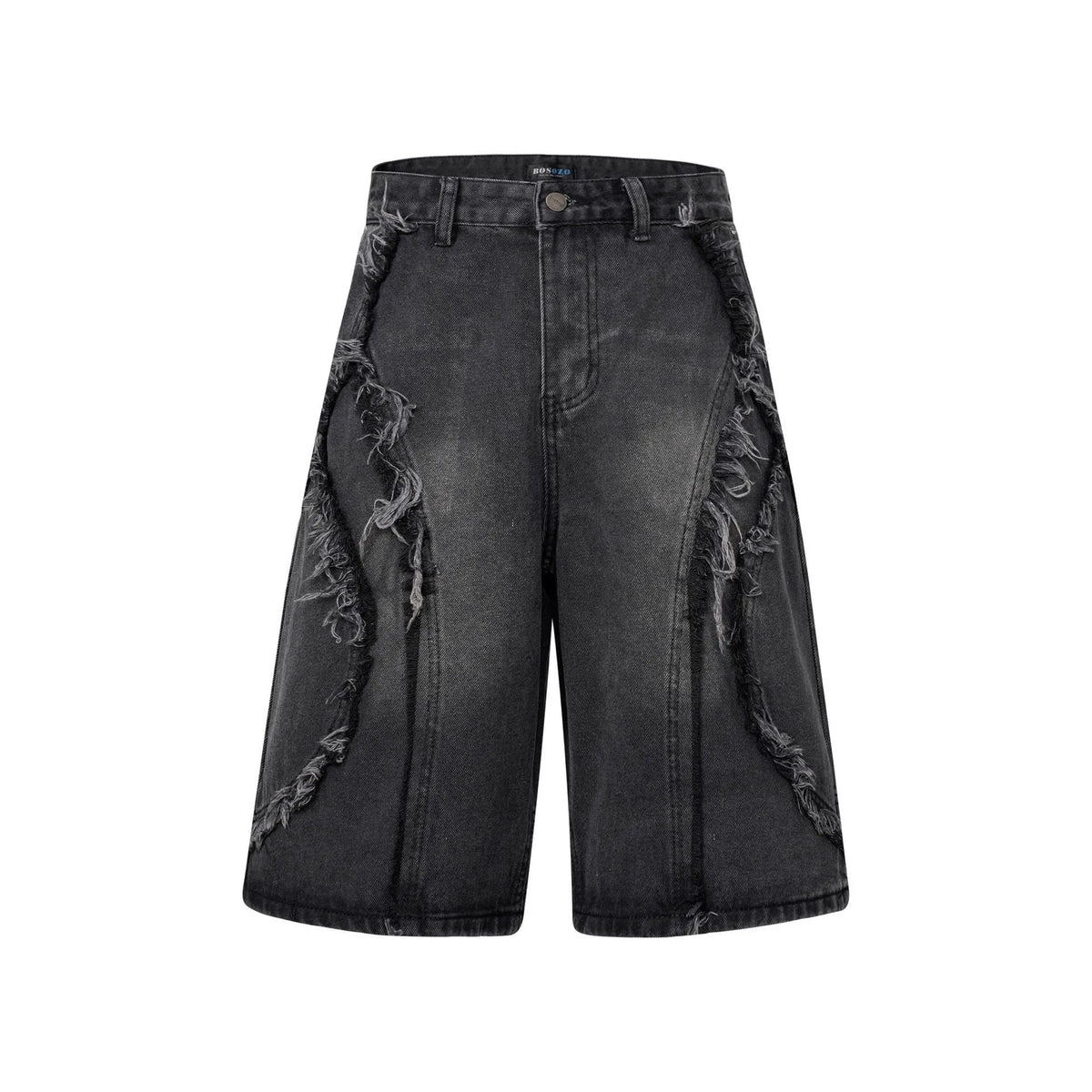 Distressed raw edge denim shorts in a straight-leg cropped fit on a hanger.
