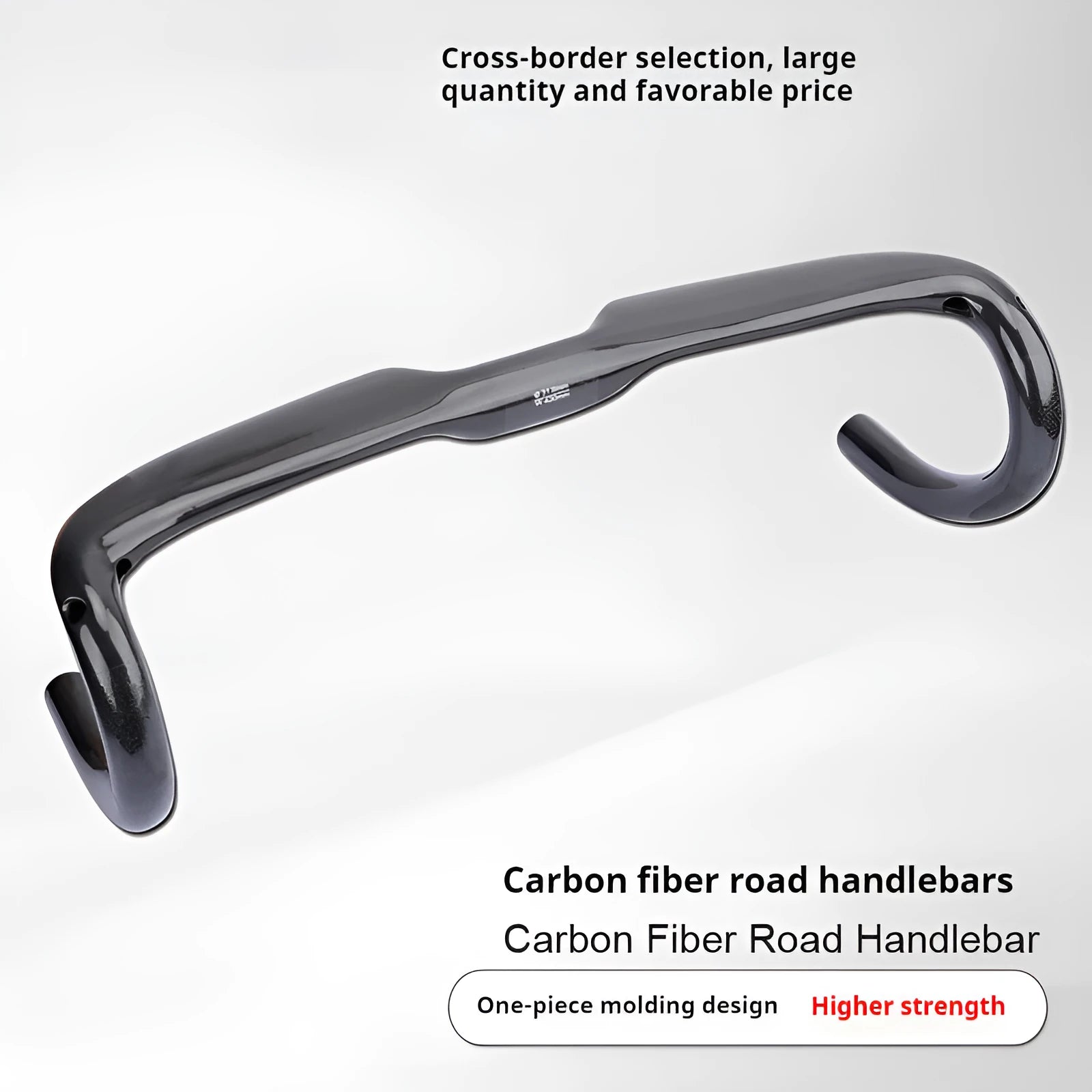 Carbon fibre road bicycle drop handlebar in black, grey, and silver UD weave, shown in 400mm, 420mm, and 440mm widths.