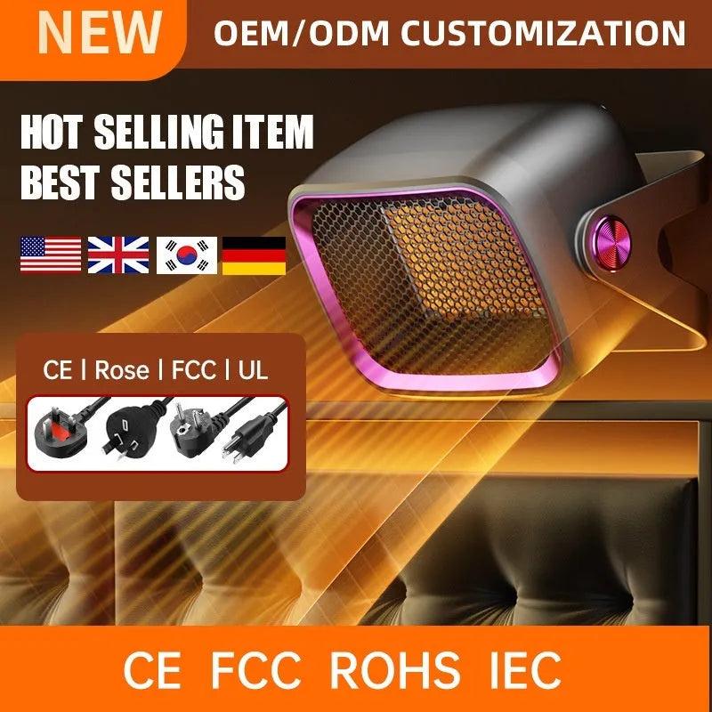 White PTC ceramic desktop electric heater with rotatable base and push-button controls