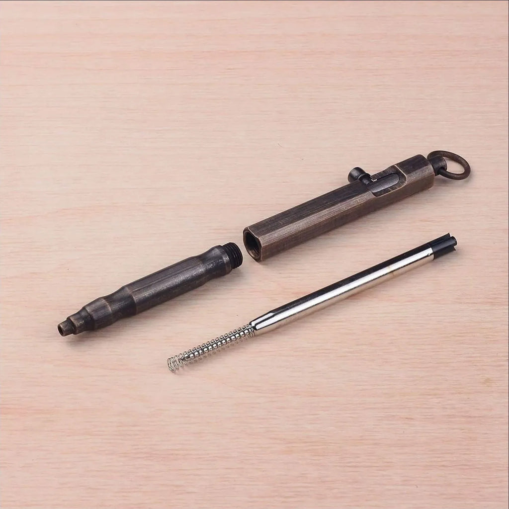 Brass hexagonal bolt tactical pen in brass natural colour and retro black, 13cm long.