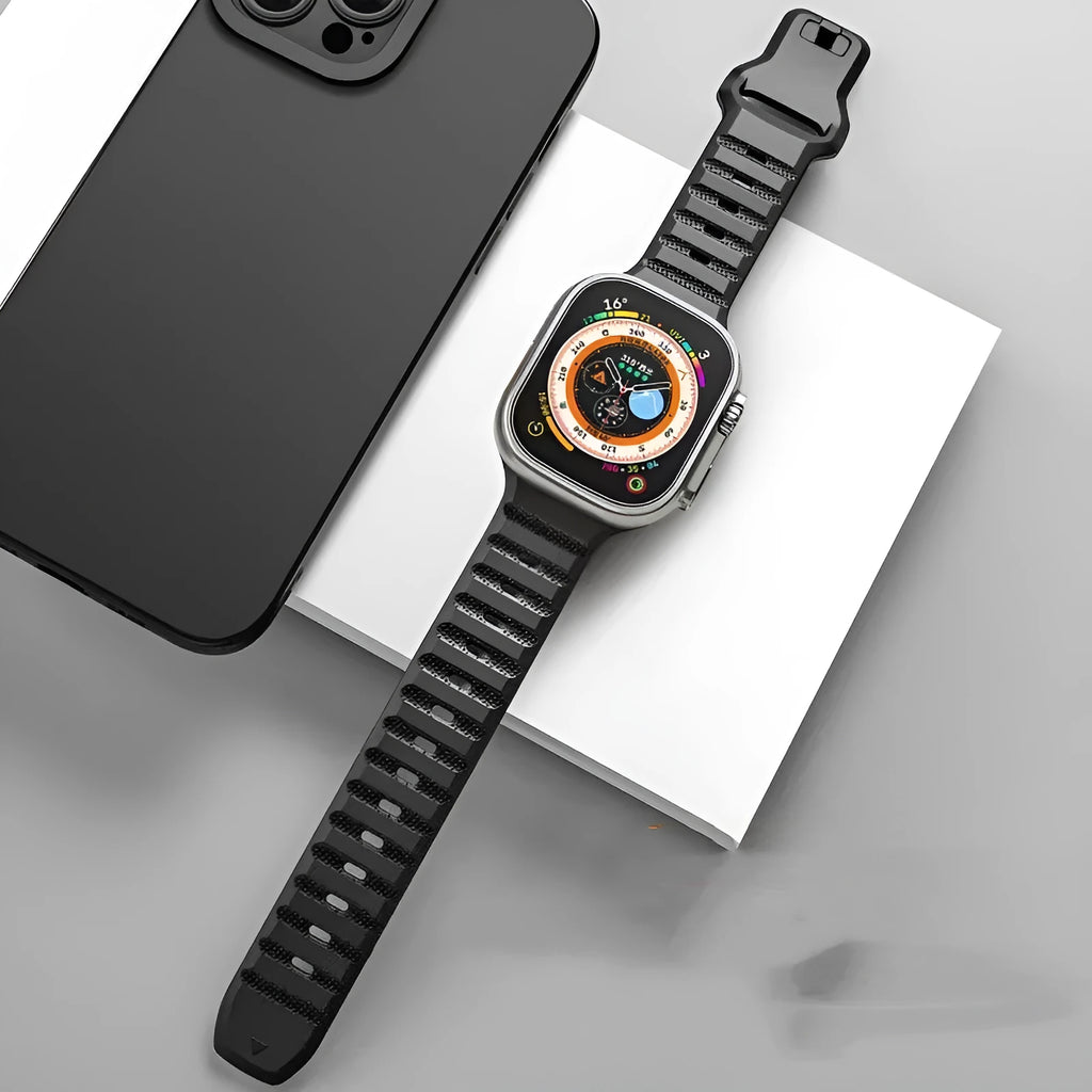 Fluoro rubber Apple Watch replacement strap with T buckle in black, blue, grey, orange, pink, or starlight.