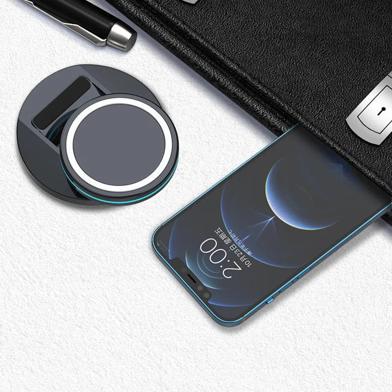 Folding magnetic wireless charging stand for iPhone 12 showing its compact design.