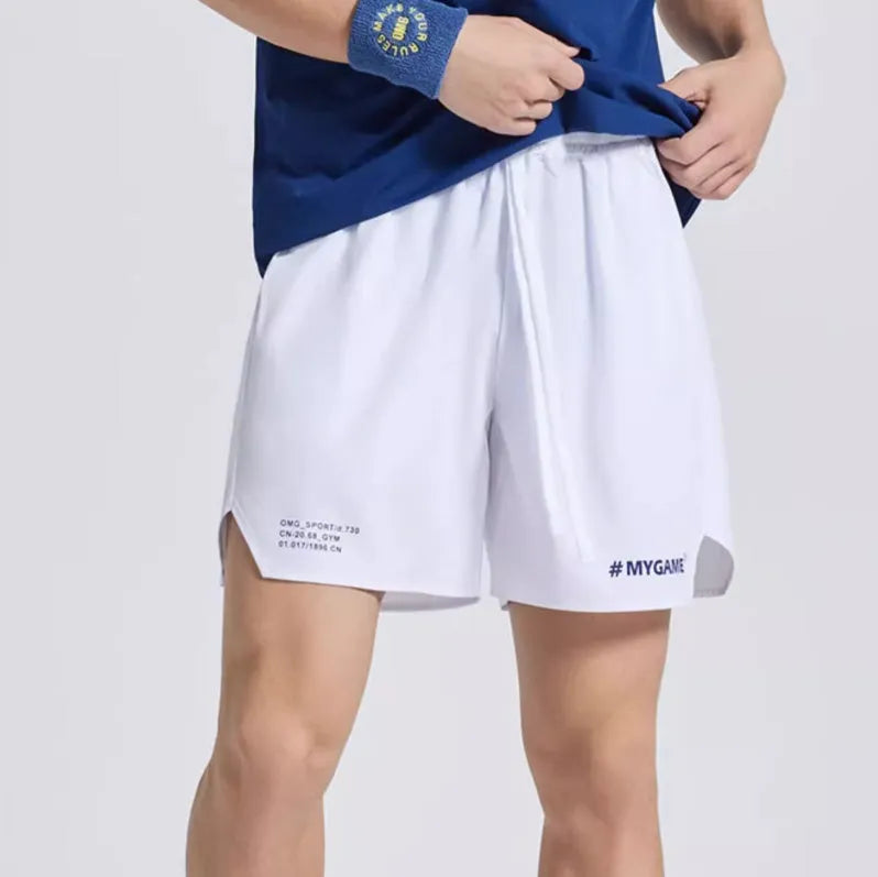 Men's blue training shorts with moisture-wicking fabric, shown from the side.