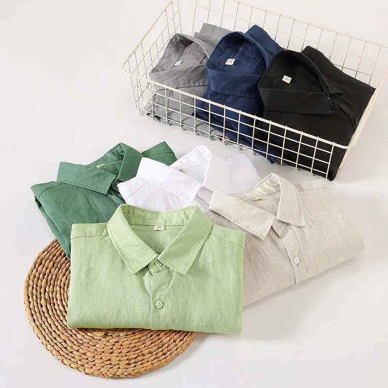 Long sleeve linen cardigan shirt in a loose Chinese style fit, shown in a solid colour.
