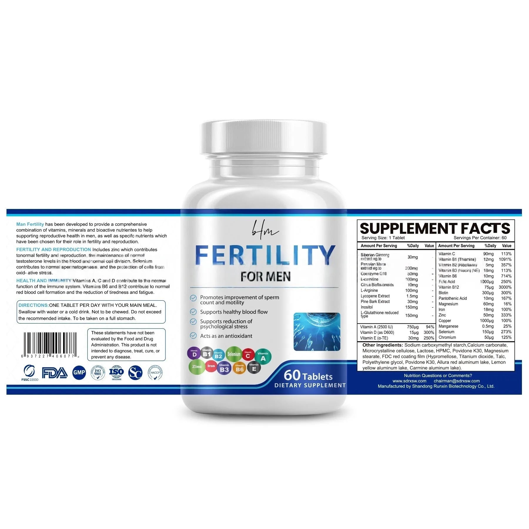 Bottle of Male Fertility Tablets, 60 tablets with COMLEX vitamin mineral amino acids.