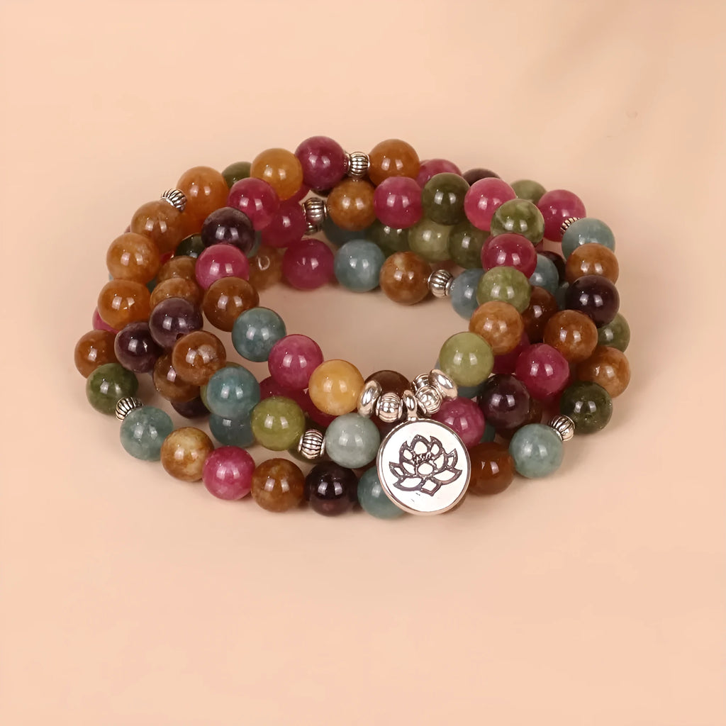 108-bead multi-layer bracelet with lotus hanging element in tourmaline colour alloy construction