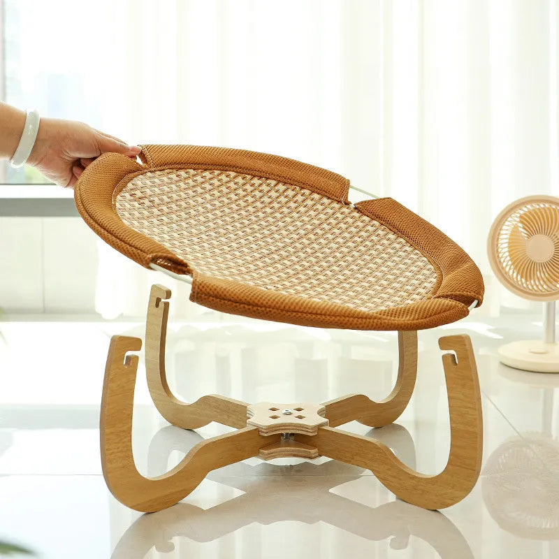 Brown woven rattan pet hammock bed measuring 46cm with raised design for cats and small dogs