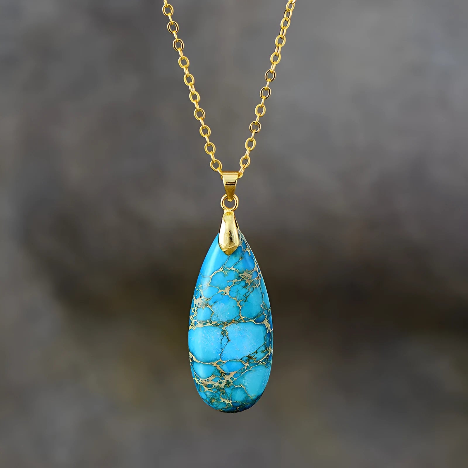 Emperor Stone jade water drop pendant necklace with 18K gold plated chain.