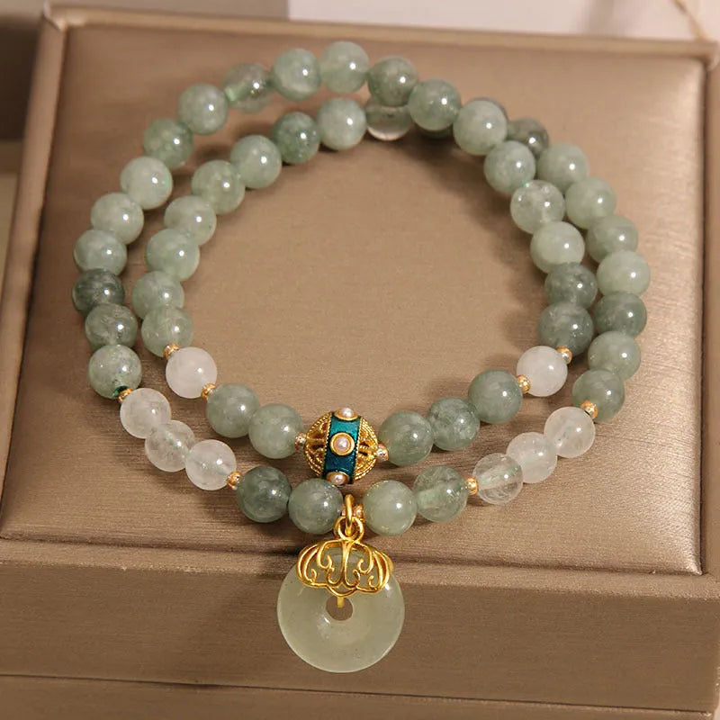 Women's double-layer aventurine crystal bracelet with oil green stones and rhinestone decoration