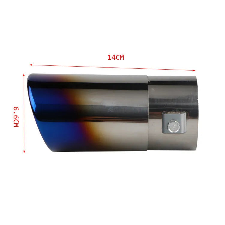 Stainless steel car exhaust tail pipe in baked blue, bright silver, and colourful finishes showing straight and curved shape options.