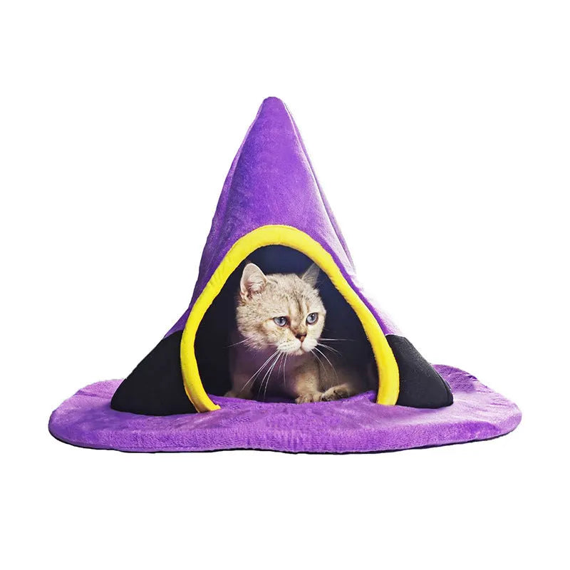 Purple Halloween witch hat shaped cat bed for cats measuring 60cm wide by 45cm high