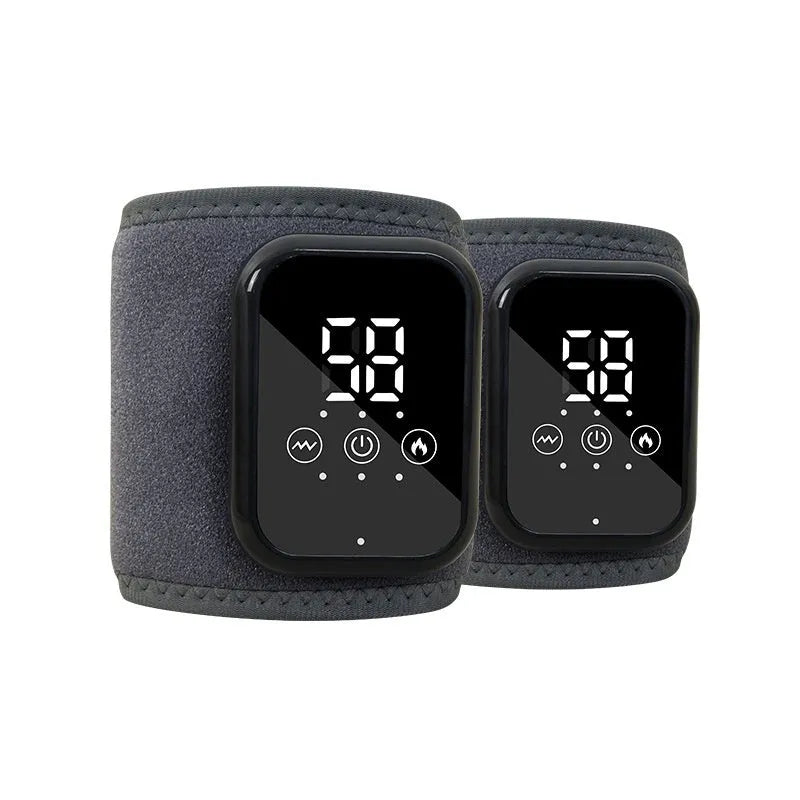Black electric heating ankle sleeve wrapped around ankle showing heating element placement.